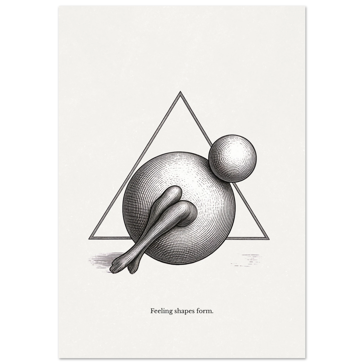 Minimalist black and white abstract poster with geometric shapes and organic forms and the quote “Feeling shapes form”