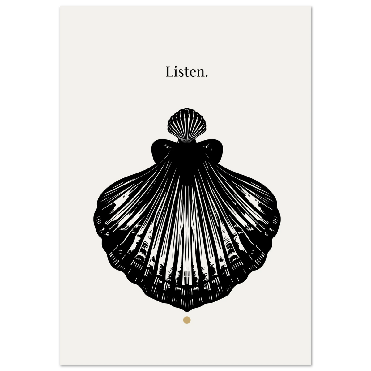 Black shell illustration with 'Listen.' text on a white background