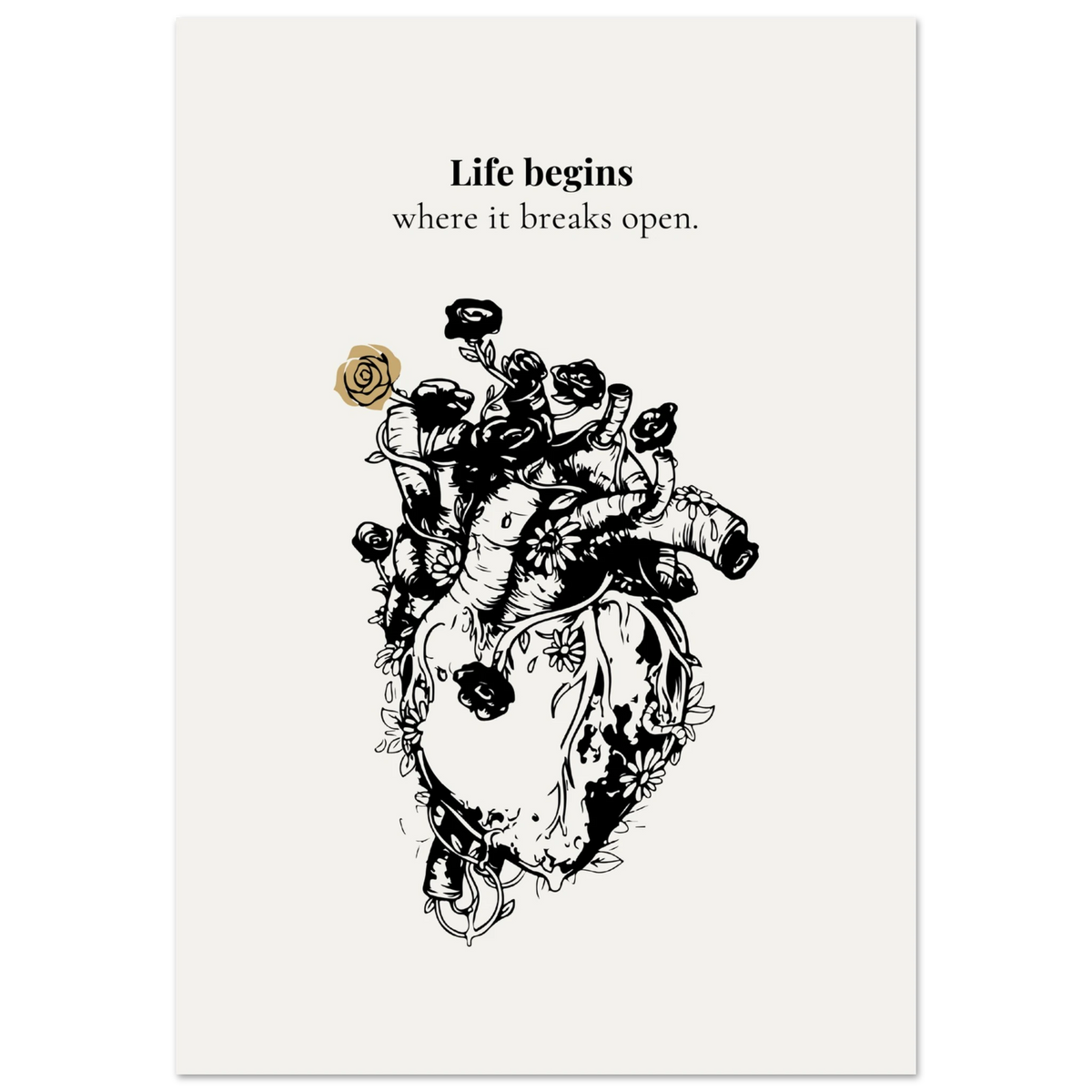 anatomical heart floral poster life begins where it breaks open minimalist emotional wall art