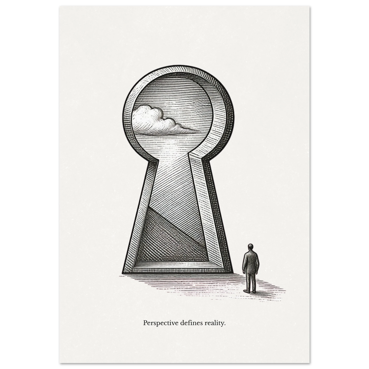 Minimalist black and white poster of a keyhole revealing a landscape with the quote “Perspective defines reality”
