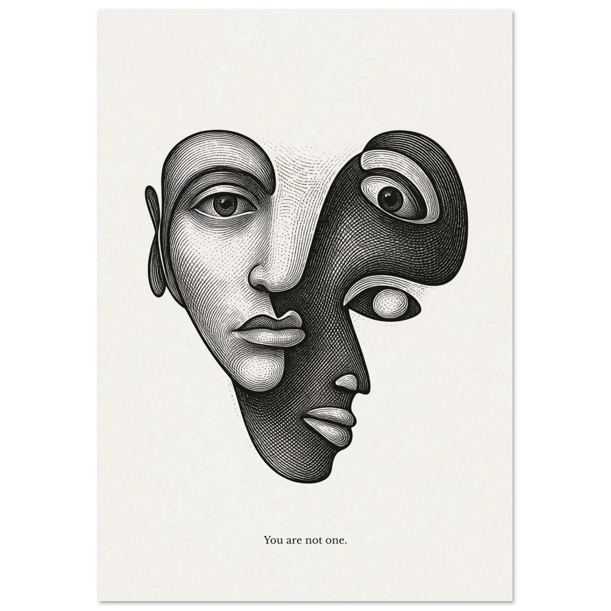 Minimalist black and white poster with abstract dual face and the quote "You are not one"