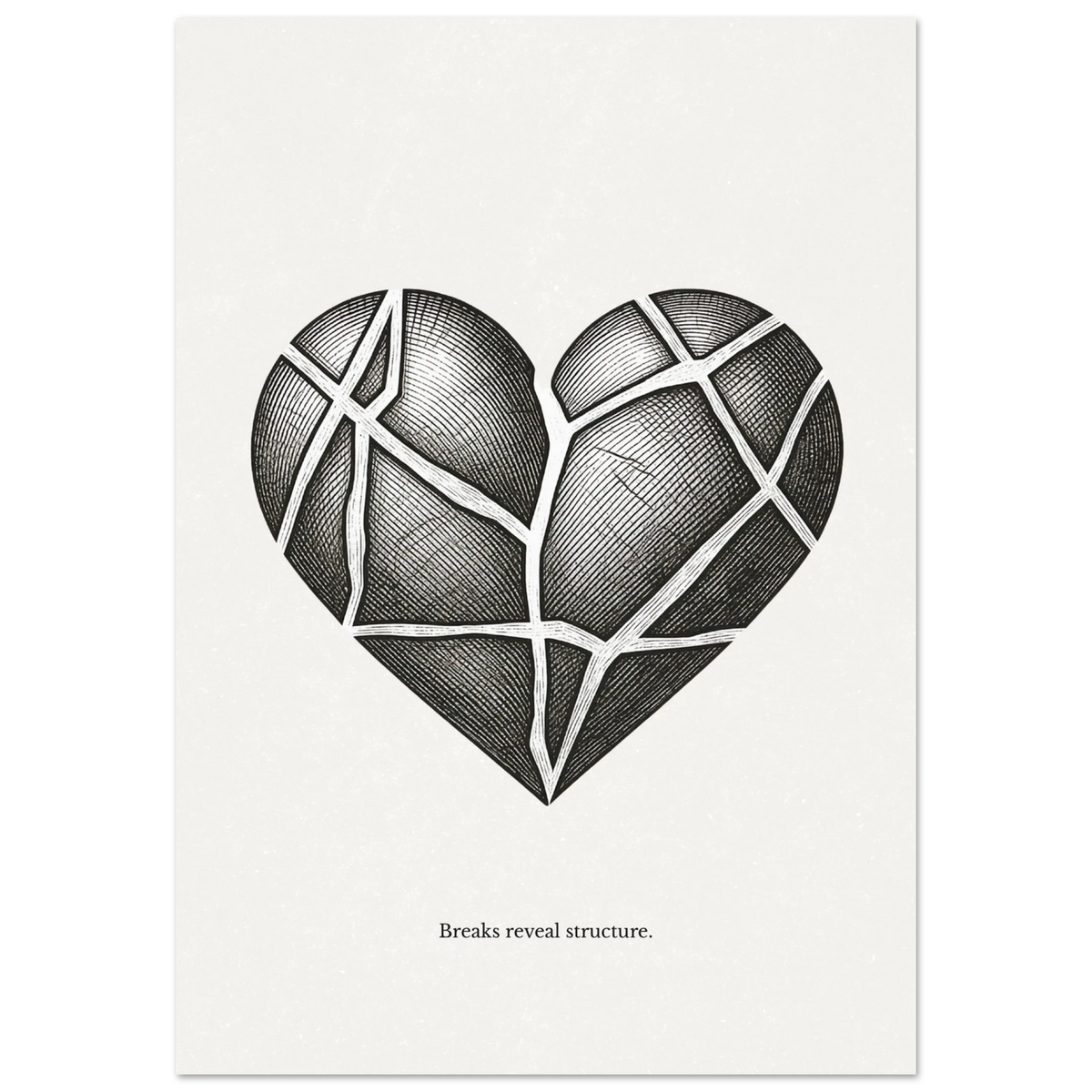 Minimalist black and white poster of a cracked heart with visible structure lines and the quote “Breaks reveal structure”