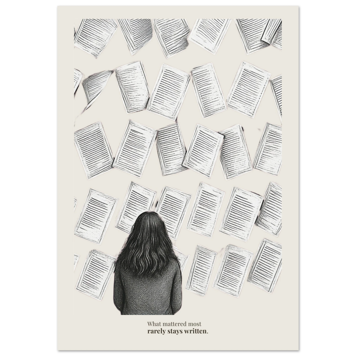Minimalist poster showing a figure surrounded by floating pages with quote “What mattered most rarely stays written”