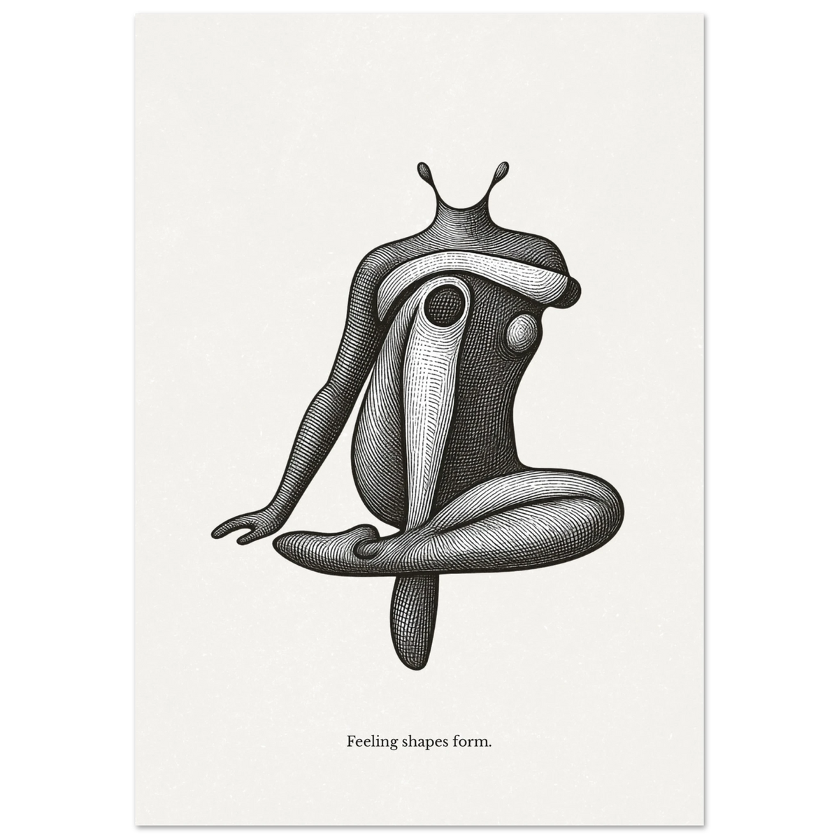 Minimalist black and white poster with an abstract human figure and the quote "Feeling shapes form"