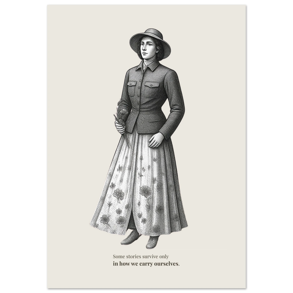 Engraving illustration of a young woman wearing a wide-brim hat, military-style jacket, and flowing floral skirt, holding a small flower in her right hand