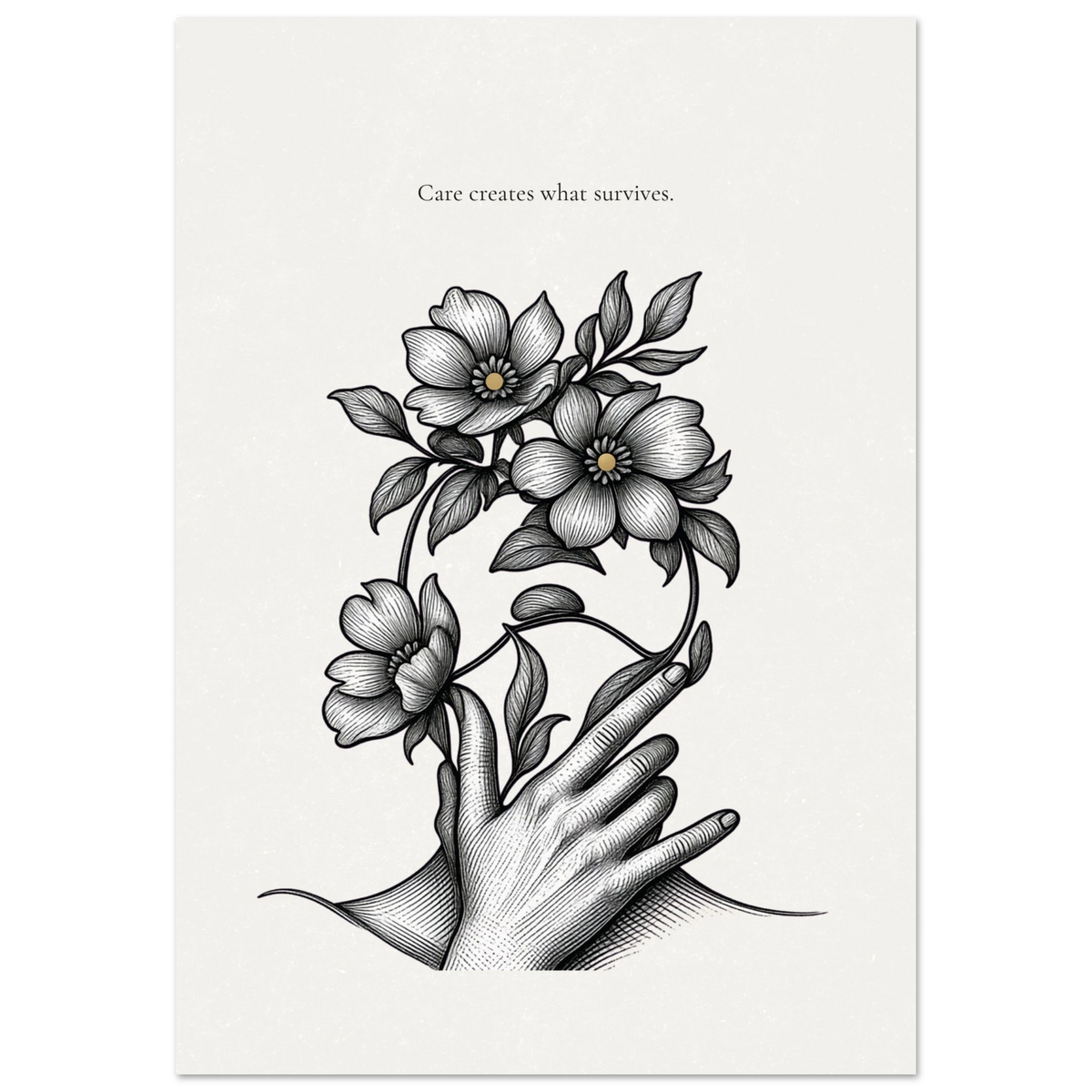 Minimalist black and white poster featuring a hand holding blooming flowers with the quote “Care creates what survives”
