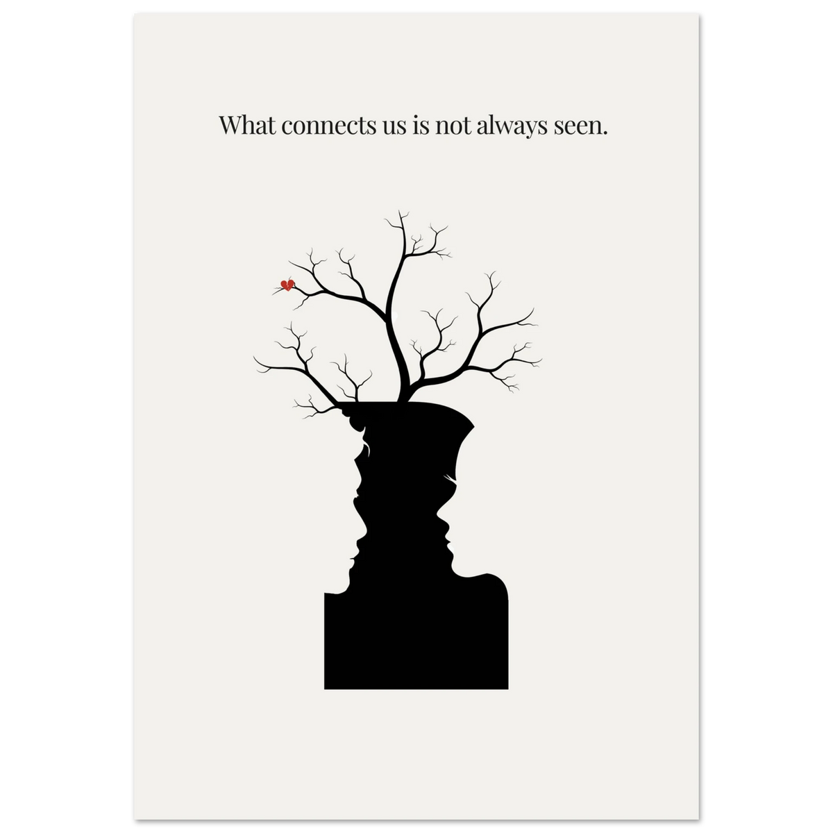 Artistic depiction of a silhouette with tree-like branches and a red bird, accompanied by the text 'What connects us is not always seen.'.