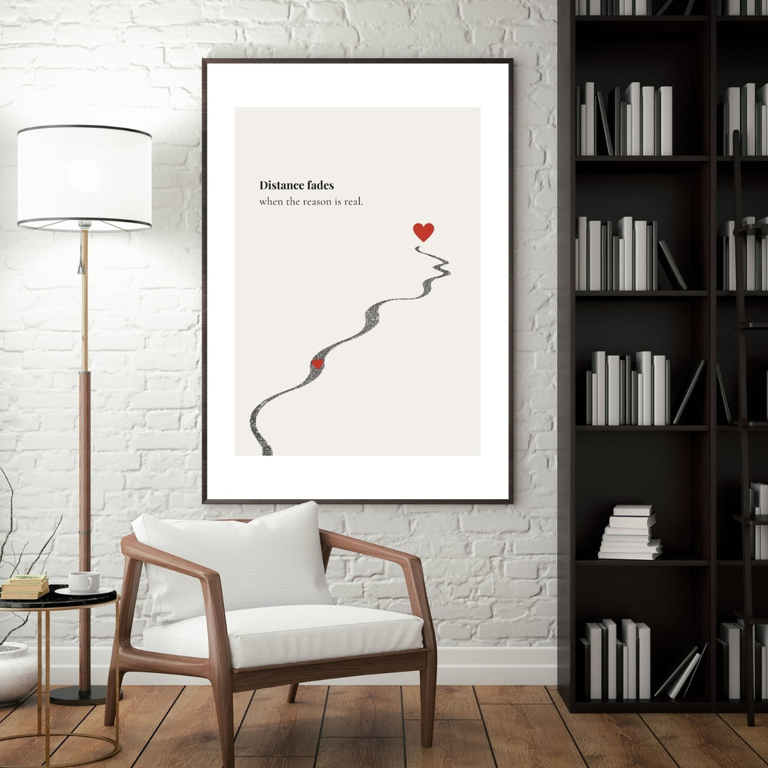 Winding path poster with two red hearts at each end – 'Distance fades when the reason is real' – a gift for long-distance couples