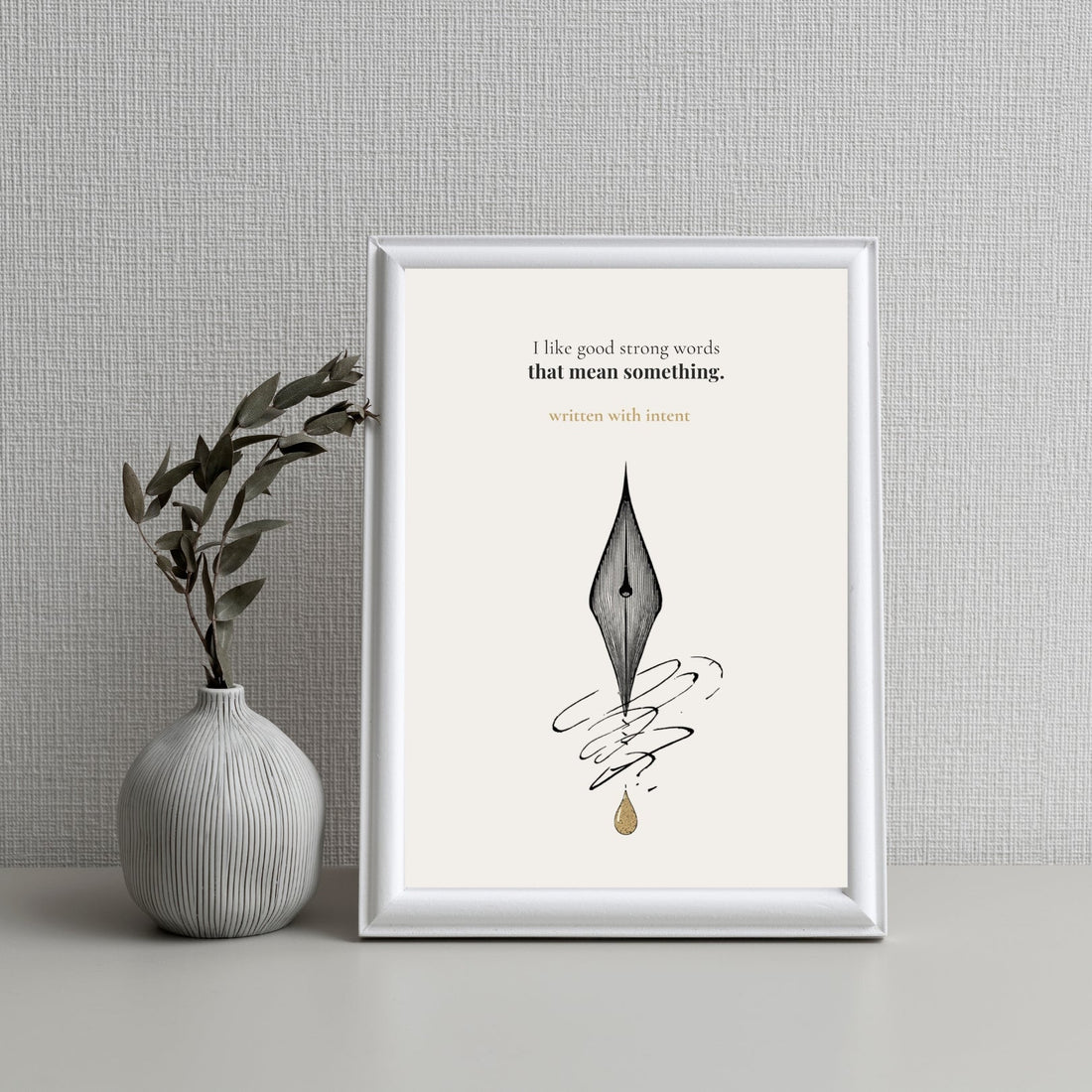 Minimalist fountain pen nib poster with a golden ink drop – a gift for writers