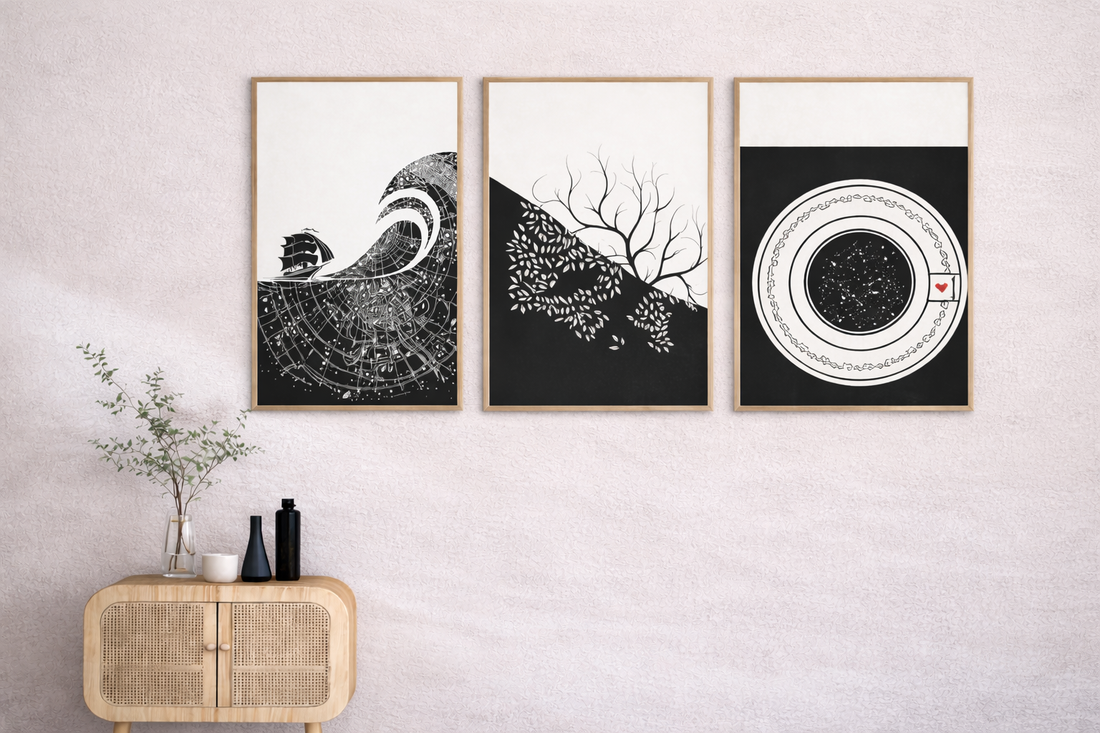 Four literary quote posters arranged as a gallery wall – Woolf, Picasso, Saint-Exupéry, Wilde – MonoQuote minimalist wall art