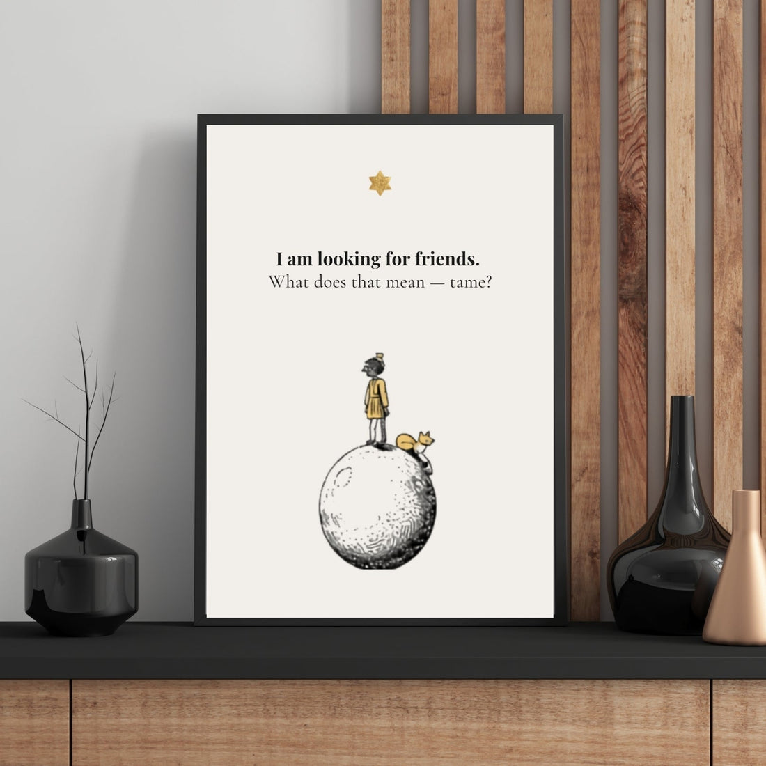 Minimalist Little Prince and fox poster with the quote 'I am looking for friends' – a literary gift for book lovers