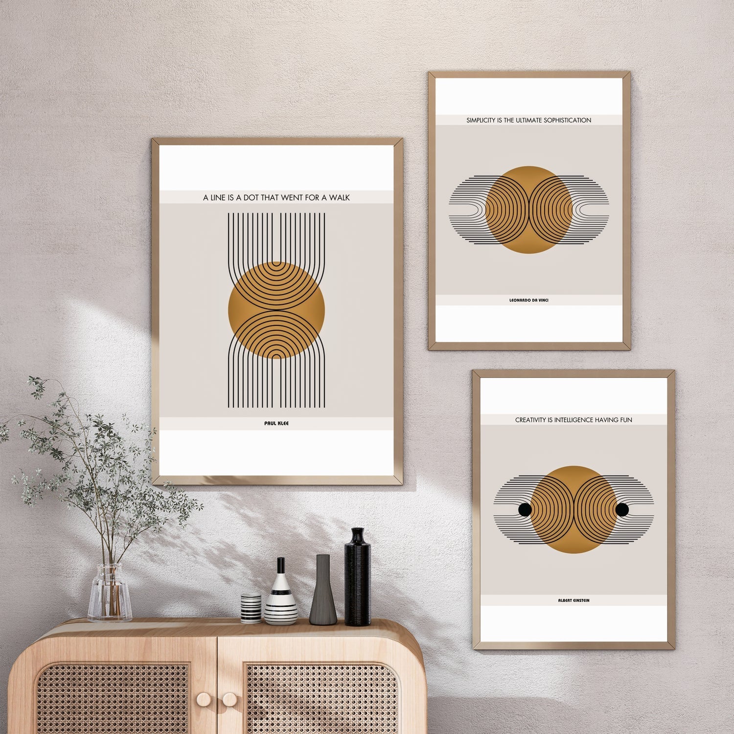 Modern quote posters with bold contemporary typography displayed in a stylish urban interior with clean lines