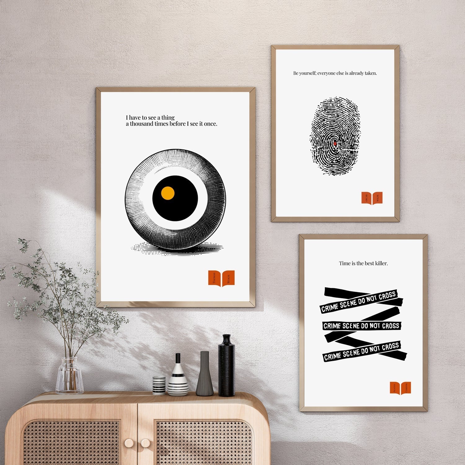 Conceptual quote posters in modern frames displayed as gallery wall art in a contemporary interior