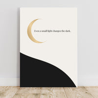 Poster with a gold crescent moon and text on a white background