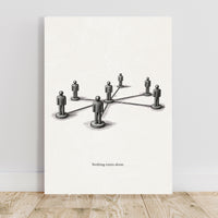 Art print with a network of interconnected people and the text 'Nothing exists alone' on a white background.