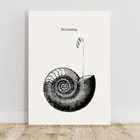 Poster with a black and white illustration of a spiral shell on a light gray background.