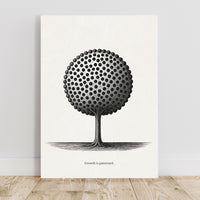Black and white tree design with 'Growth is patterned' text on a white background