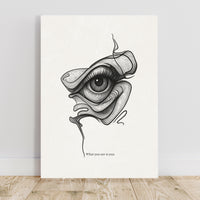 Art print with a stylized eye design on a white background