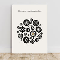 Poster with black gears and motivational quote on a white background