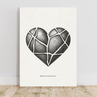 Geometric heart design on a white background with text 'Breaks reveal structure'.