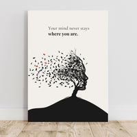 Art print with a tree-shaped silhouette of a head and motivational quote on a white background.