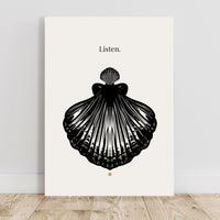 Black silhouette of a shell with 'Listen.' text on a white background