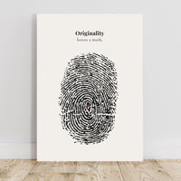 Fingerprint design with text 'Originality leaves a mark' on a white background