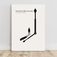 Art print with a silhouette of a person and a clock, featuring text on a white background.