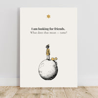Poster with illustration of a person on a rock and text 'I am looking for friends. What does that mean - tame?' on a white background.