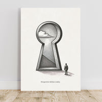 Art print with a keyhole design and a person looking inside, on a white wall.