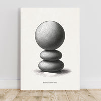 Black and white illustration of stacked spheres with 'Balance never lasts' text on a light gray background.