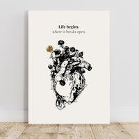 Poster with black and white illustration of a broken heart with roses and text 'Life begins where it breaks open' on a light gray background.