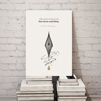 Poster with a quote and artistic elements on a stack of books against a white brick wall.
