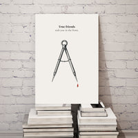 Poster with a compass and text on a stack of books against a white brick wall.