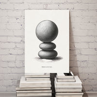 Art print of stacked spheres on a stack of books against a white brick wall.