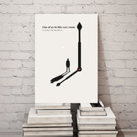 Artistic clock design with a person and shadow on a white brick wall background