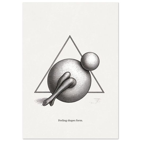 Minimalist black and white abstract poster with geometric shapes and organic forms and the quote “Feeling shapes form”
