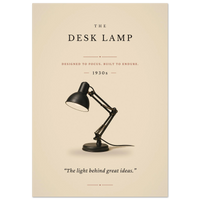 The Desk Lamp poster – minimalist 1930s vintage desk lamp art print on cream, “The light behind great ideas.”, MonoQuote