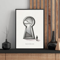 Framed artwork with a keyhole design and person standing inside, on a wall with wooden paneling.