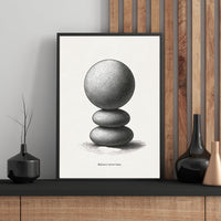 Framed artwork of stacked stones with 'Balance never lasts' text on a wall with decorative vases.
