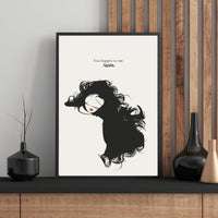 Minimalist black and white poster with the quote "You happen to me. Again." and a silhouette of a woman with flowing hair