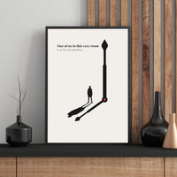 Minimalist noir poster of a man silhouette casting a shadow shaped like a clock hand with red pivot dot on cream background — One of us in this very room is in fact the murderer quote by Monoquote