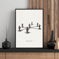 Framed poster with a network diagram of people on a wall with wooden paneling.