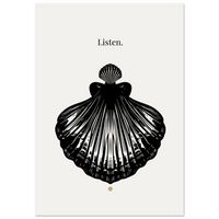 Black shell illustration with 'Listen.' text on a white background