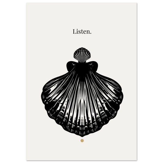 Black shell illustration with 'Listen.' text on a white background