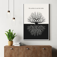 Minimalist poster showing a bare tree above ground and its root system below in black and cream contrast with a single green leaf — The surface is not the truth quote by Monoquote