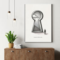 Framed artwork of a keyhole with a person looking inside, placed above a wooden cabinet with a plant and books.