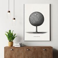 Framed black and white tree art print on a wall above a wooden cabinet with a plant and books.