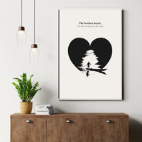 Minimalist poster of a lone boatman silhouette inside a black heart shape with light breaking through on cream background — The broken heart you keep living day after day quote by Monoquote