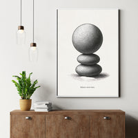 Framed artwork of stacked stones on a wall above a wooden cabinet with a plant and books.